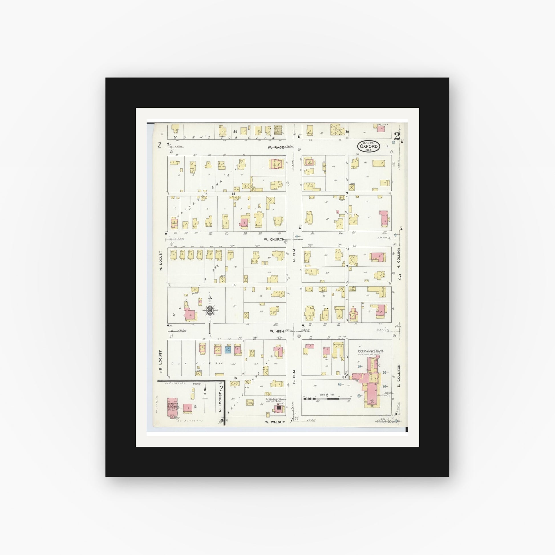 Old map wall art mockup — black gallery frame with white mat — Sanborn Fire Insurance Map from Oxford, Butler County, Ohio (1911), Sheet #0002