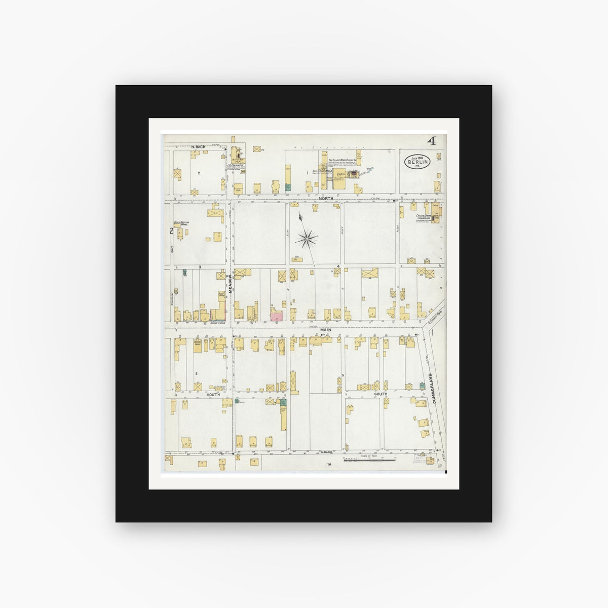 Old map wall art mockup — black gallery frame with white mat — Sanborn Fire Insurance Map from Berlin, Somerset County, Pennsylvania (1905), Sheet #0004