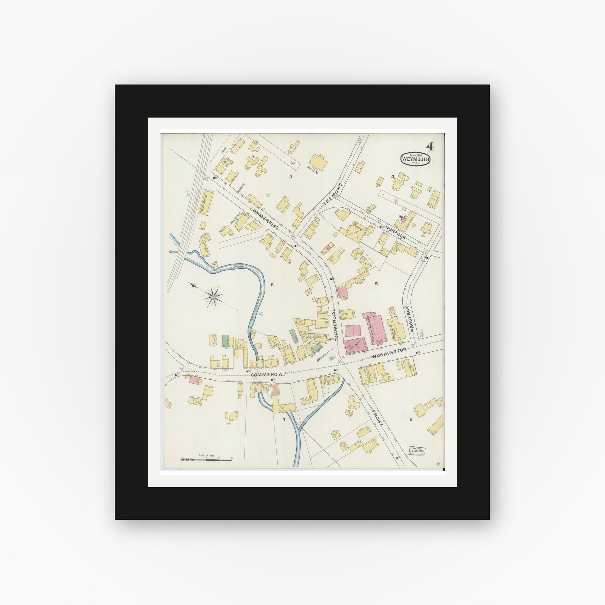 Old map wall art mockup — black gallery frame with white mat — Sanborn Fire Insurance Map from Weymouth, Norfolk County, Massachusetts (1894), Sheet #0004