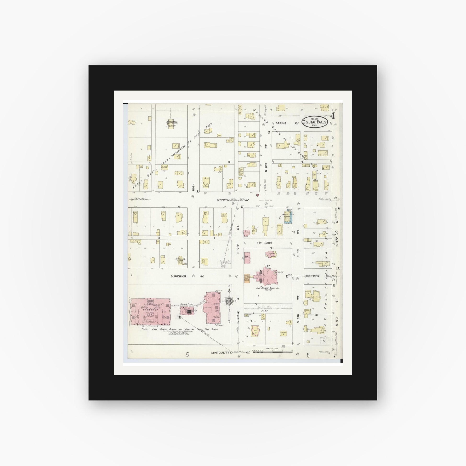 Old map wall art mockup — black gallery frame with white mat — Sanborn Fire Insurance Map from Crystal Falls, Iron County, Michigan (1914), Sheet #0004