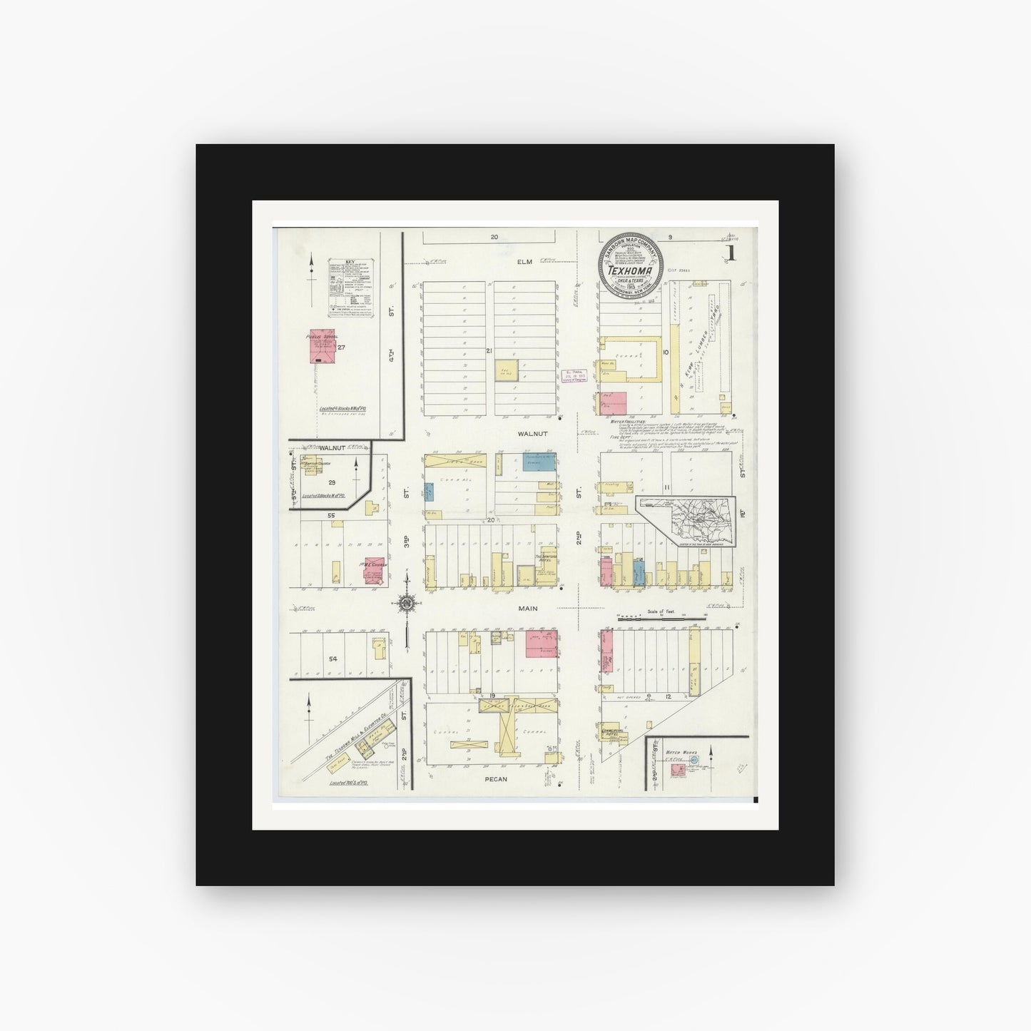 Old map wall art mockup — black gallery frame with white mat — Sanborn Fire Insurance Map from Texhoma, Texas County, Oklahoma and Sherman County, Texas, Oklahoma (1913) - Complete Map Set