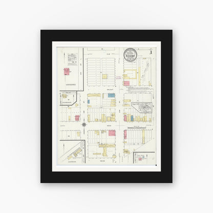 Old map wall art mockup — black gallery frame with white mat — Sanborn Fire Insurance Map from Texhoma, Texas County, Oklahoma and Sherman County, Texas, Oklahoma (1913) - Complete Map Set
