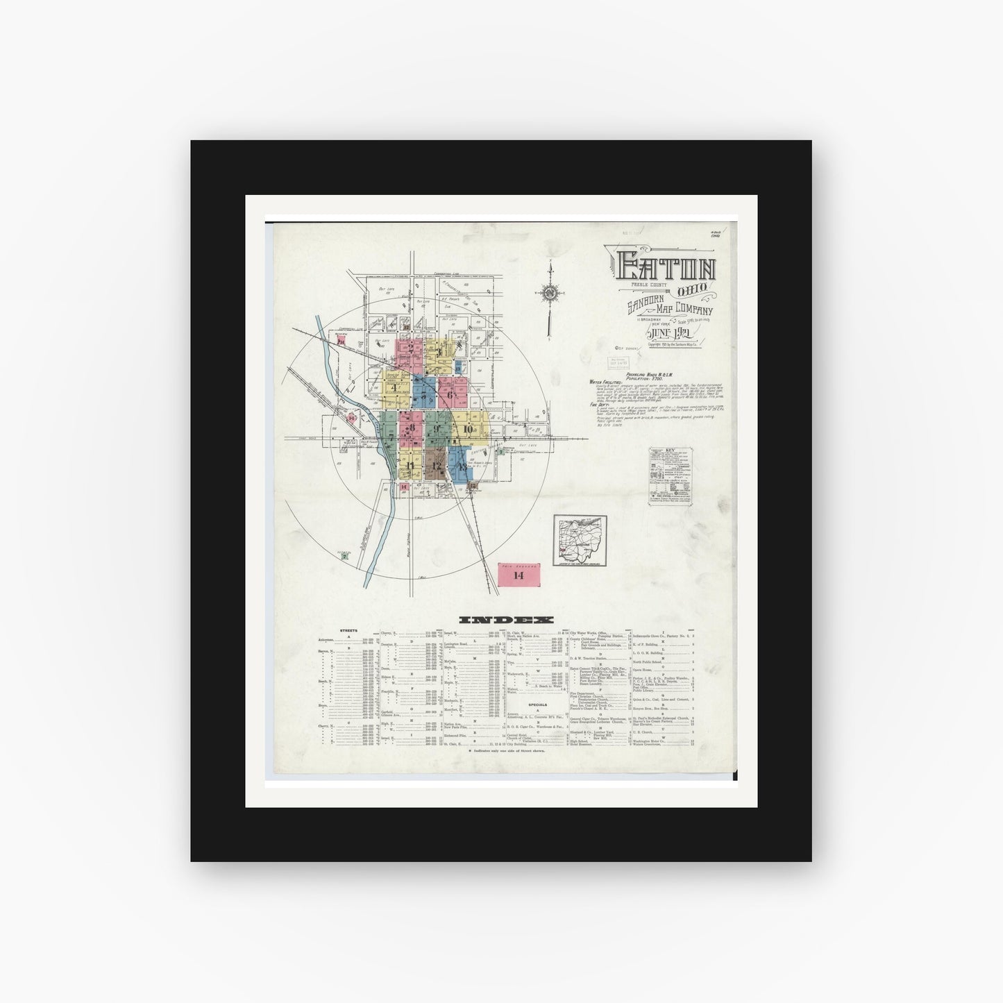 Old map wall art mockup — black gallery frame with white mat — Sanborn Fire Insurance Map from Eaton, Preble County, Ohio (1921), Sheet #0001