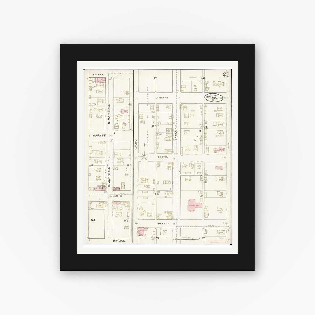 Old map wall art mockup — black gallery frame with white mat — Sanborn Fire Insurance Map from Burlington, Des Moines County, Iowa (1888), Sheet #0021
