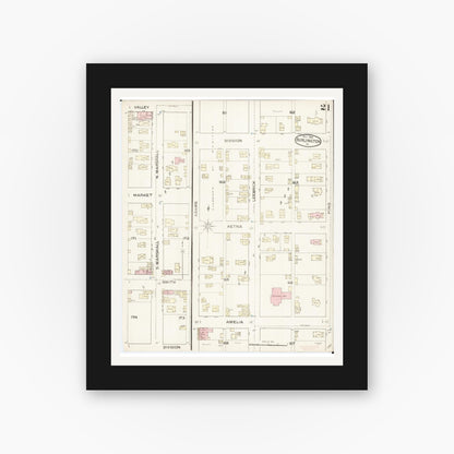 Old map wall art mockup — black gallery frame with white mat — Sanborn Fire Insurance Map from Burlington, Des Moines County, Iowa (1888), Sheet #0021