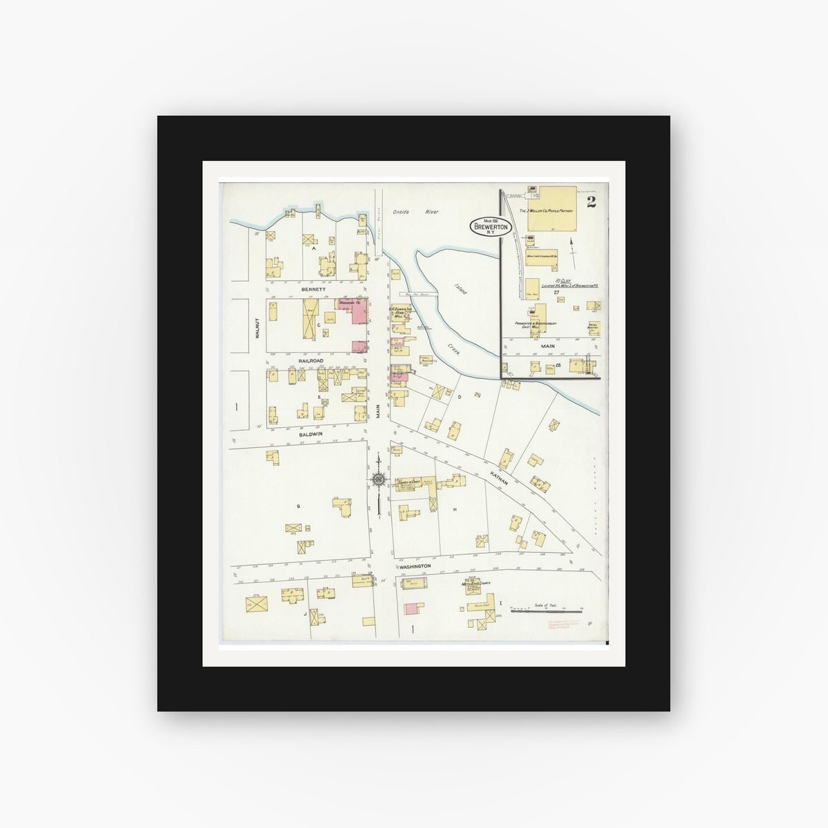 Old map wall art mockup — black gallery frame with white mat — Sanborn Fire Insurance Map from Brewerton, Onondaga County, New York (1911), Sheet #0002