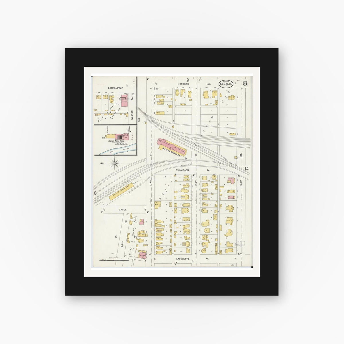 Old map wall art mockup — black gallery frame with white mat — Sanborn Fire Insurance Map from Sedalia, Pettis County, Missouri (1898), Sheet #0008