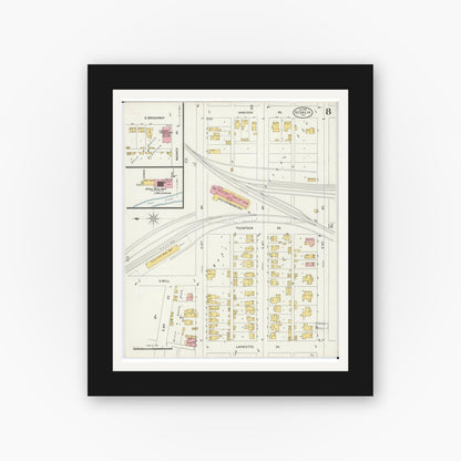 Old map wall art mockup — black gallery frame with white mat — Sanborn Fire Insurance Map from Sedalia, Pettis County, Missouri (1898), Sheet #0008