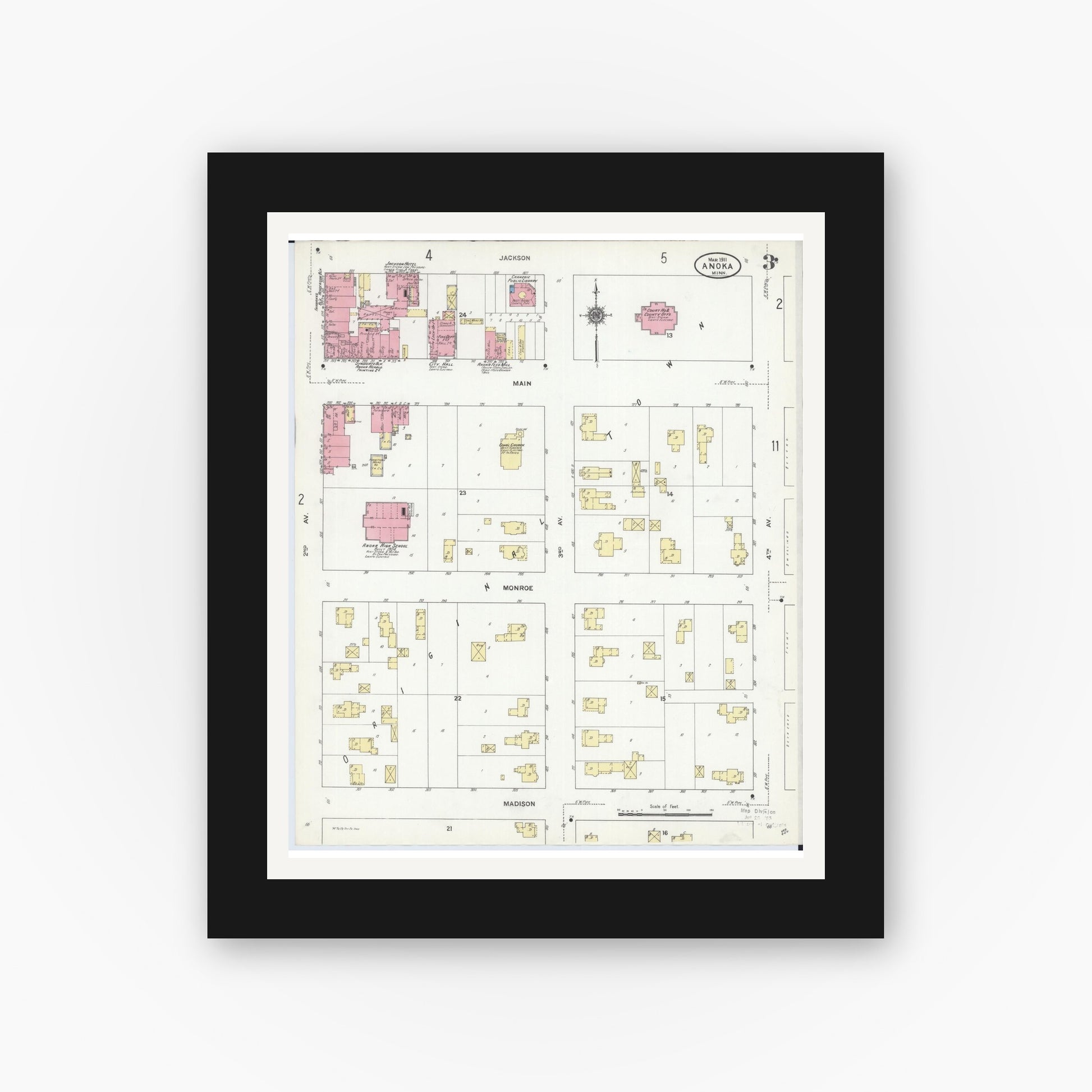 Old map wall art mockup — black gallery frame with white mat — Sanborn Fire Insurance Map from Anoka, Anoka County, Minnesota (1911), Sheet #0003