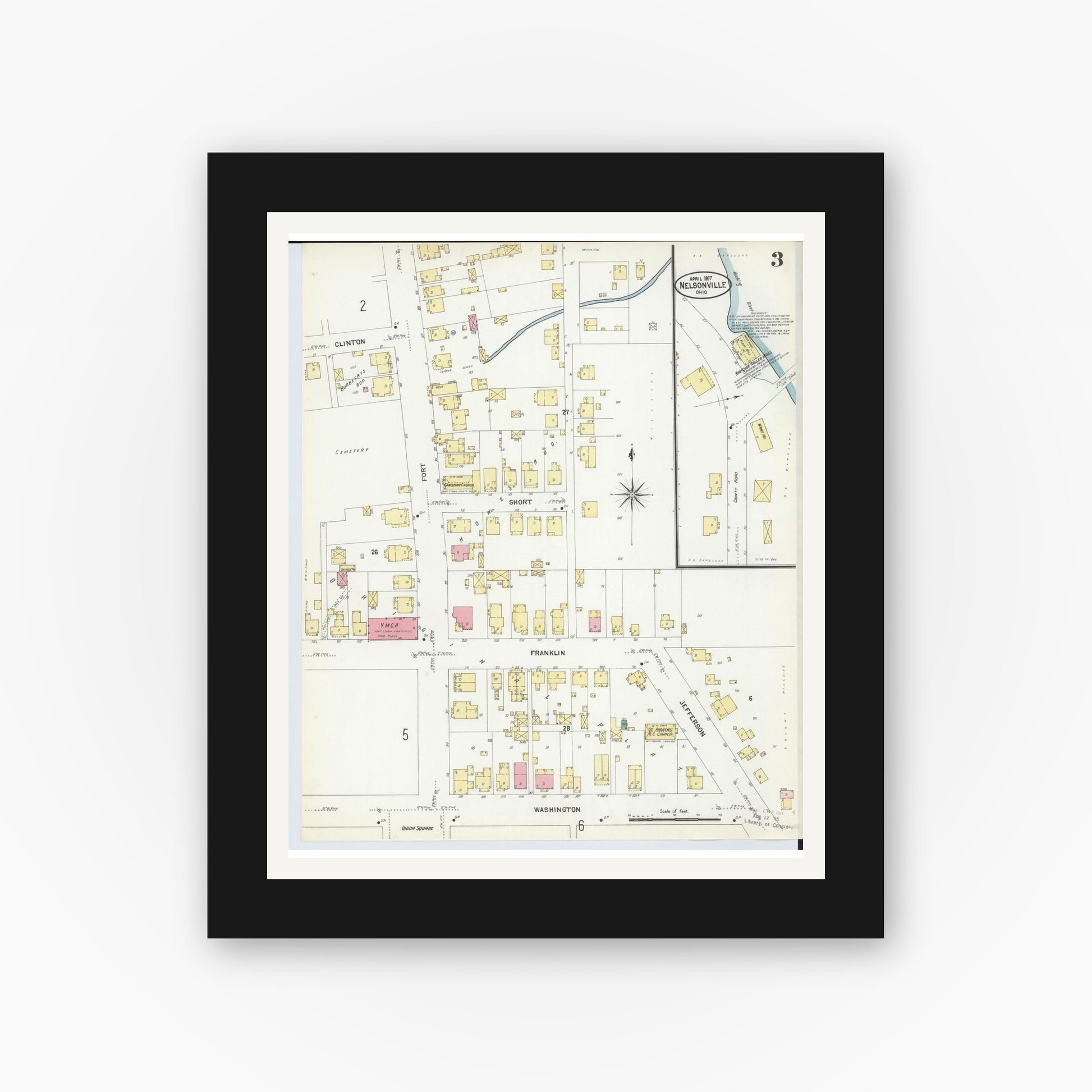 Old map wall art mockup — black gallery frame with white mat — Sanborn Fire Insurance Map from Nelsonville, Athens County, Ohio (1907), Sheet #0003
