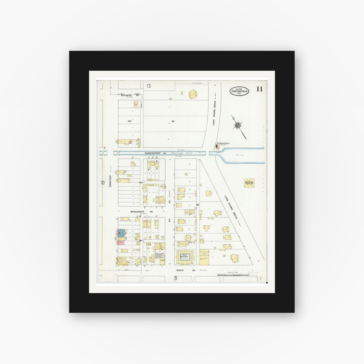 Old map wall art mockup — black gallery frame with white mat — Sanborn Fire Insurance Map from Port Arthur, Jefferson County, Texas (1910), Sheet #0011
