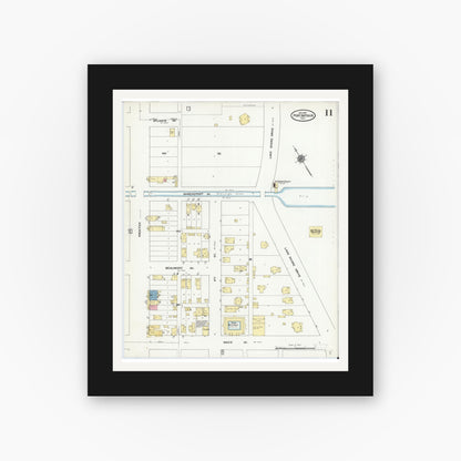 Old map wall art mockup — black gallery frame with white mat — Sanborn Fire Insurance Map from Port Arthur, Jefferson County, Texas (1910), Sheet #0011