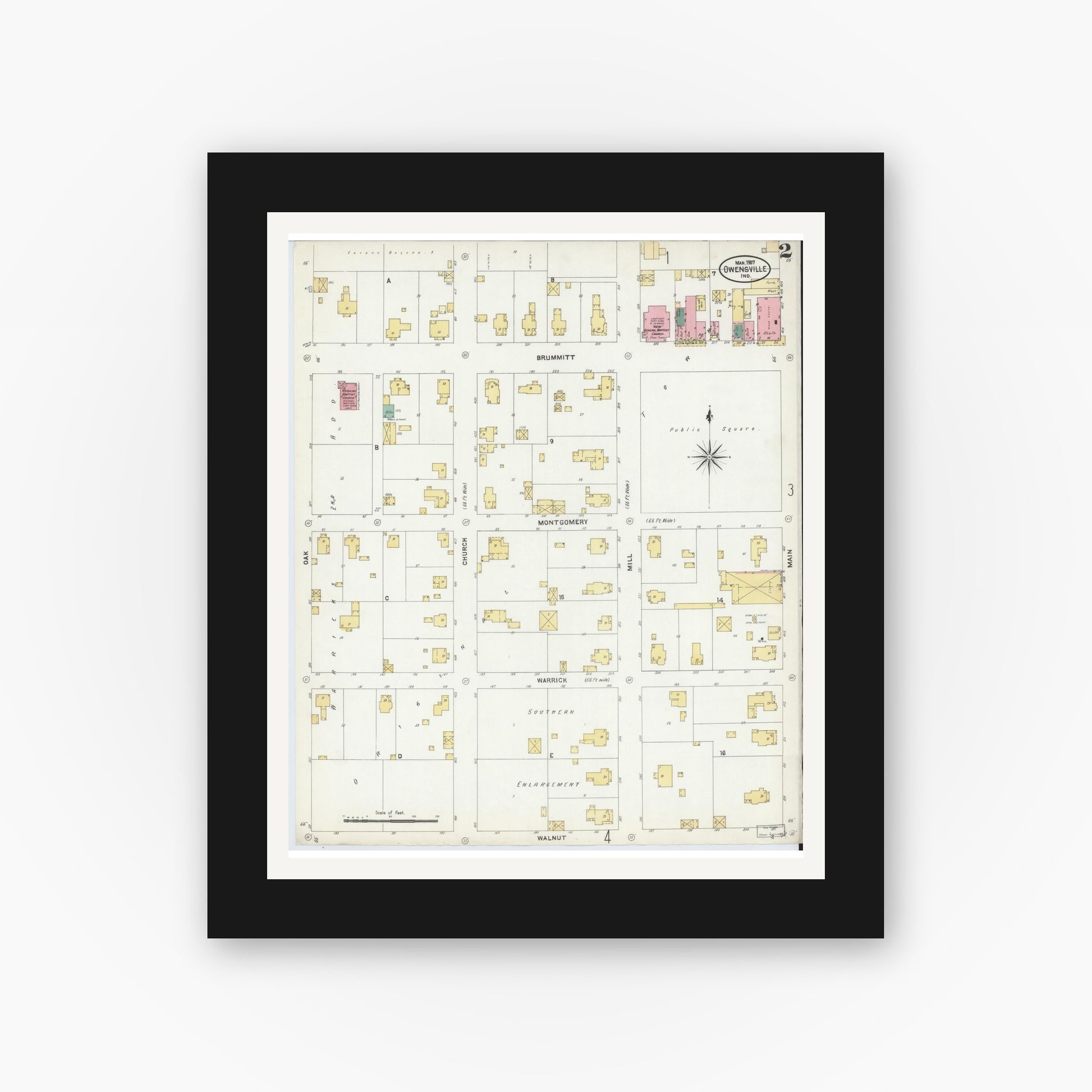 Old map wall art mockup — black gallery frame with white mat — Sanborn Fire Insurance Map from Owensville, Gibson County, Indiana (1907), Sheet #0002