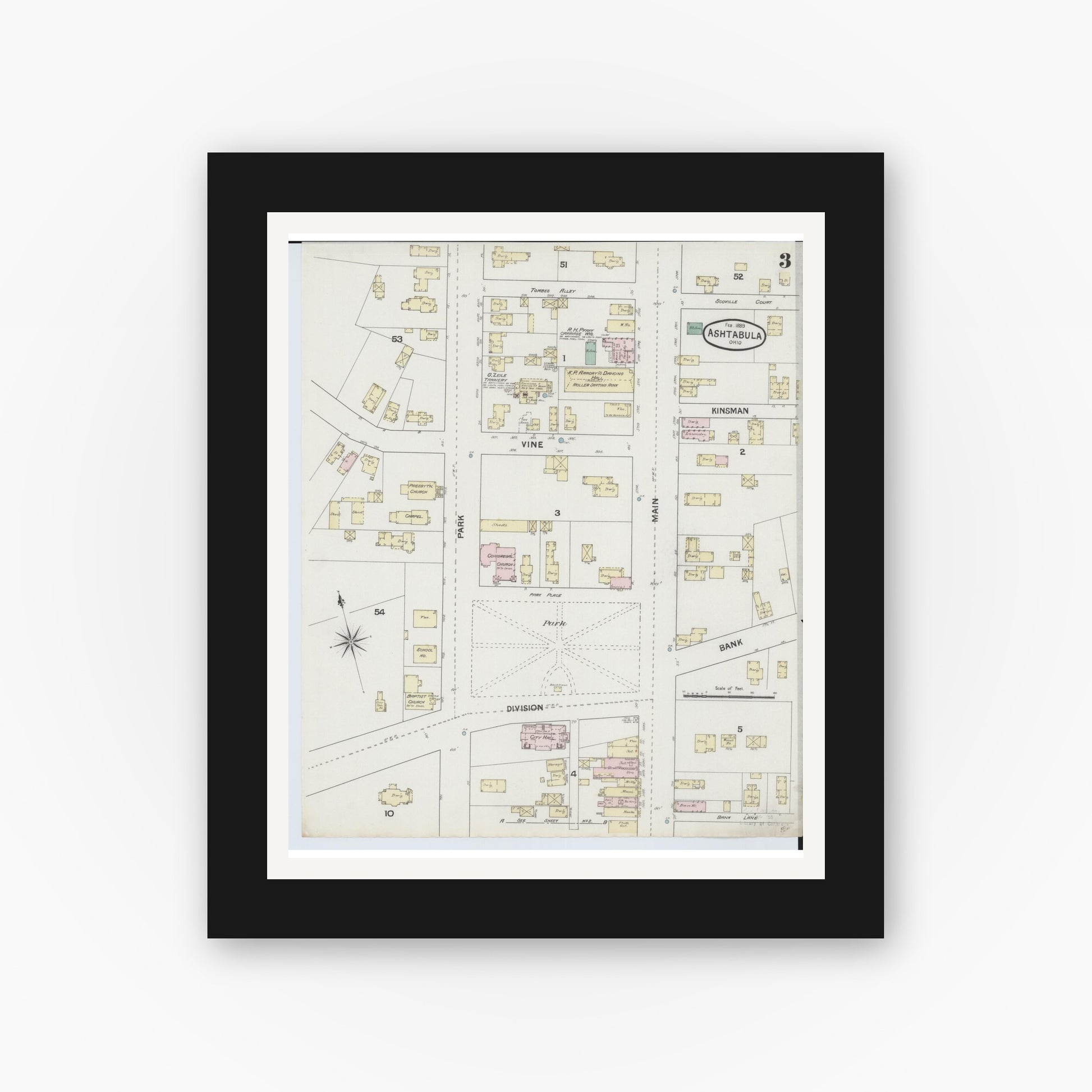 Old map wall art mockup — black gallery frame with white mat — Sanborn Fire Insurance Map from Ashtabula, Ashtabula County, Ohio (1889), Sheet #0003