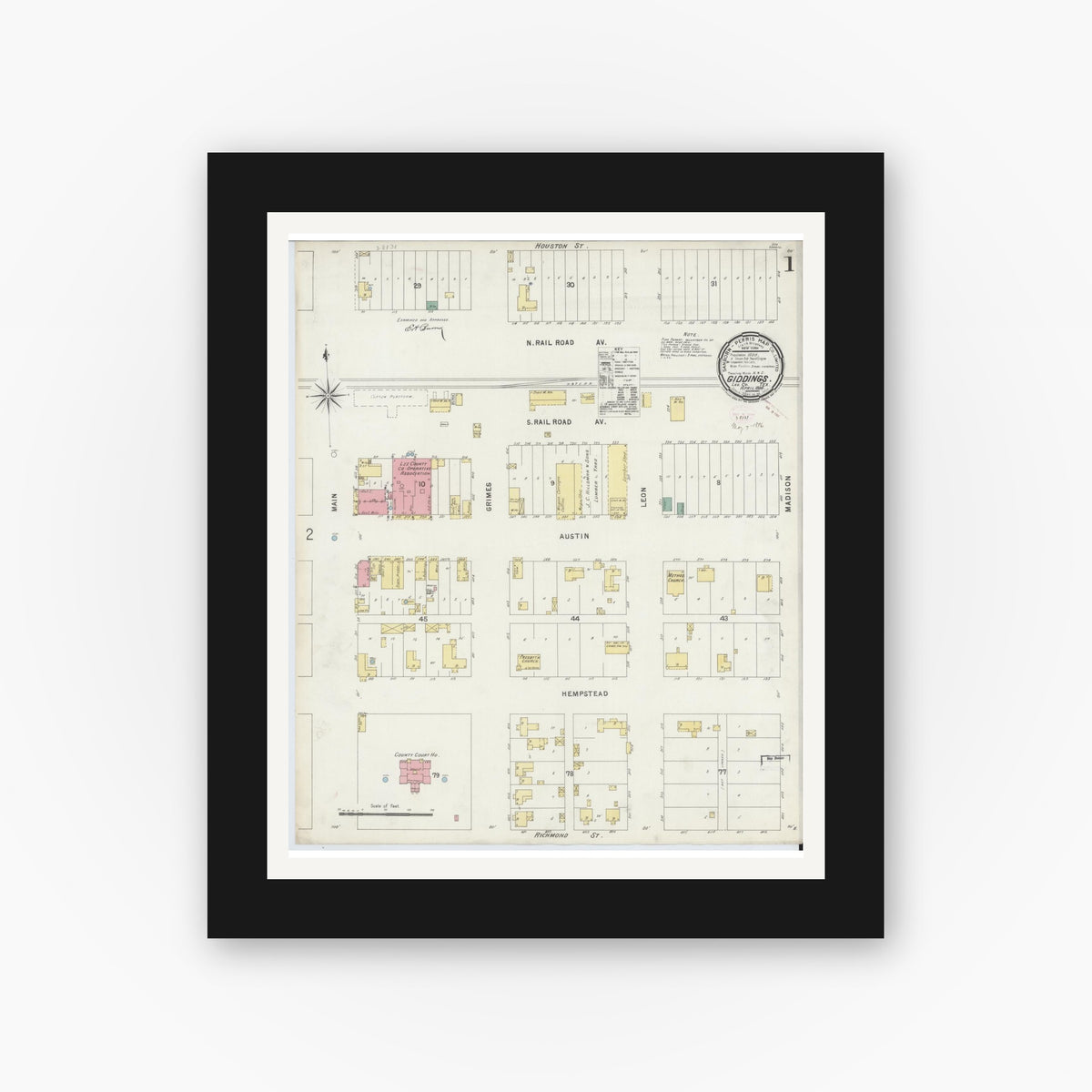 Old map wall art mockup — black gallery frame with white mat — Sanborn Fire Insurance Map from Giddings, Lee County, Texas (1896) - Complete Map Set