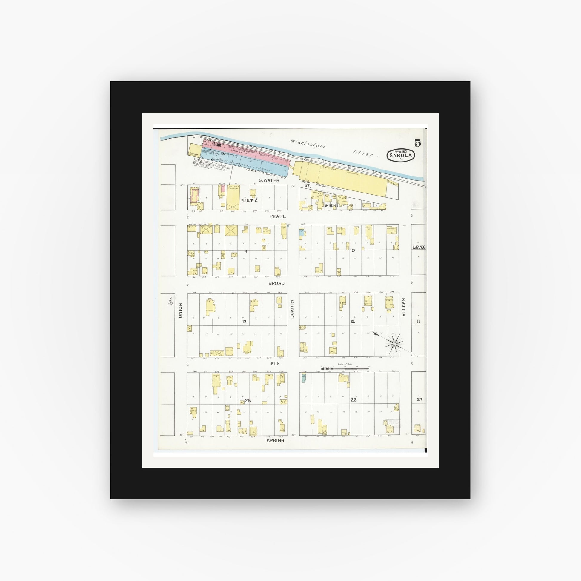 Old map wall art mockup — black gallery frame with white mat — Sanborn Fire Insurance Map from Sabula, Jackson County, Iowa (1893), Sheet #0005