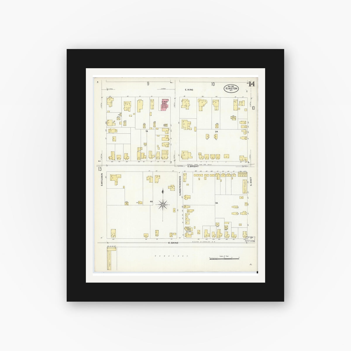 Old map wall art mockup — black gallery frame with white mat — Sanborn Fire Insurance Map from Kinston, Lenoir County, North Carolina (1908), Sheet #0014