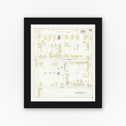 Old map wall art mockup — black gallery frame with white mat — Sanborn Fire Insurance Map from Kinston, Lenoir County, North Carolina (1908), Sheet #0014