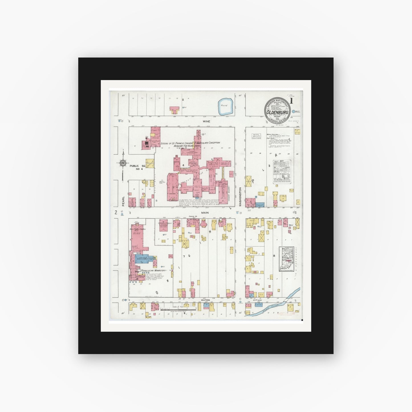 Old map wall art mockup — black gallery frame with white mat — Sanborn Fire Insurance Map from Oldenburg, Franklin County, Indiana (1919) - Complete Map Set