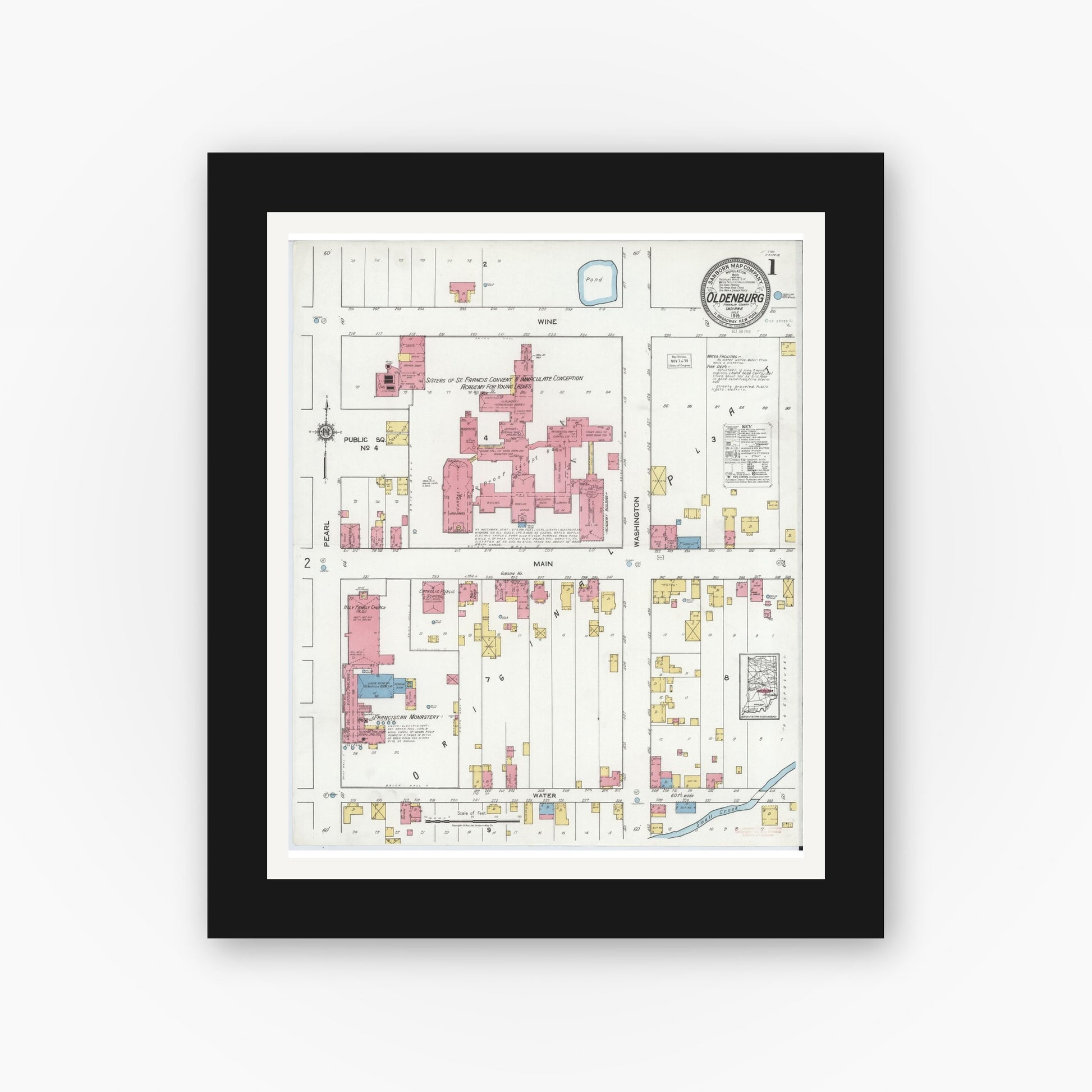 Old map wall art mockup — black gallery frame with white mat — Sanborn Fire Insurance Map from Oldenburg, Franklin County, Indiana (1919) - Complete Map Set