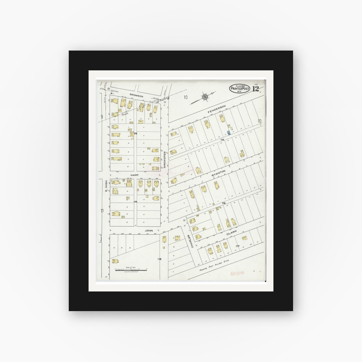 Old map wall art mockup — black gallery frame with white mat — Sanborn Fire Insurance Map from Painted Post, Steuben County, New York (1921), Sheet #0012