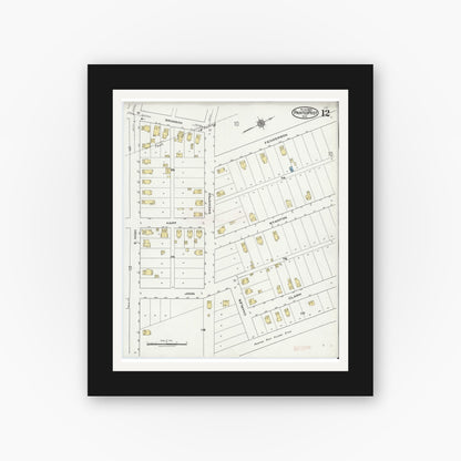 Old map wall art mockup — black gallery frame with white mat — Sanborn Fire Insurance Map from Painted Post, Steuben County, New York (1921), Sheet #0012