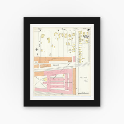 Old map wall art mockup — black gallery frame with white mat — Sanborn Fire Insurance Map from Batavia, Genesee County, New York (1912), Sheet #0019