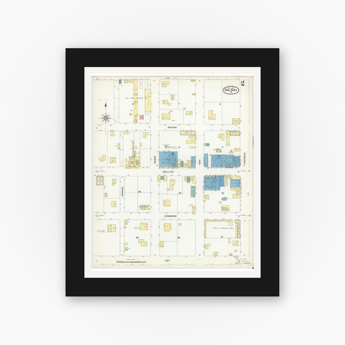 Old map wall art mockup — black gallery frame with white mat — Sanborn Fire Insurance Map from San Saba, San Saba County, Texas (1907), Sheet #0002