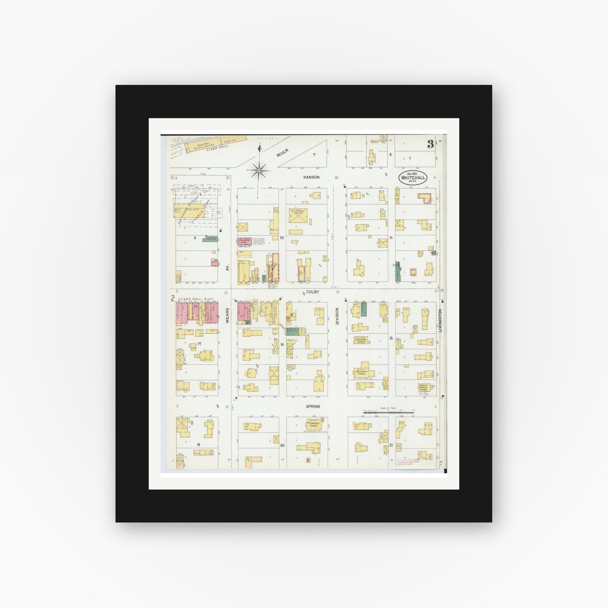 Old map wall art mockup — black gallery frame with white mat — Sanborn Fire Insurance Map from Whitehall, Muskegon County, Michigan (1902), Sheet #0003