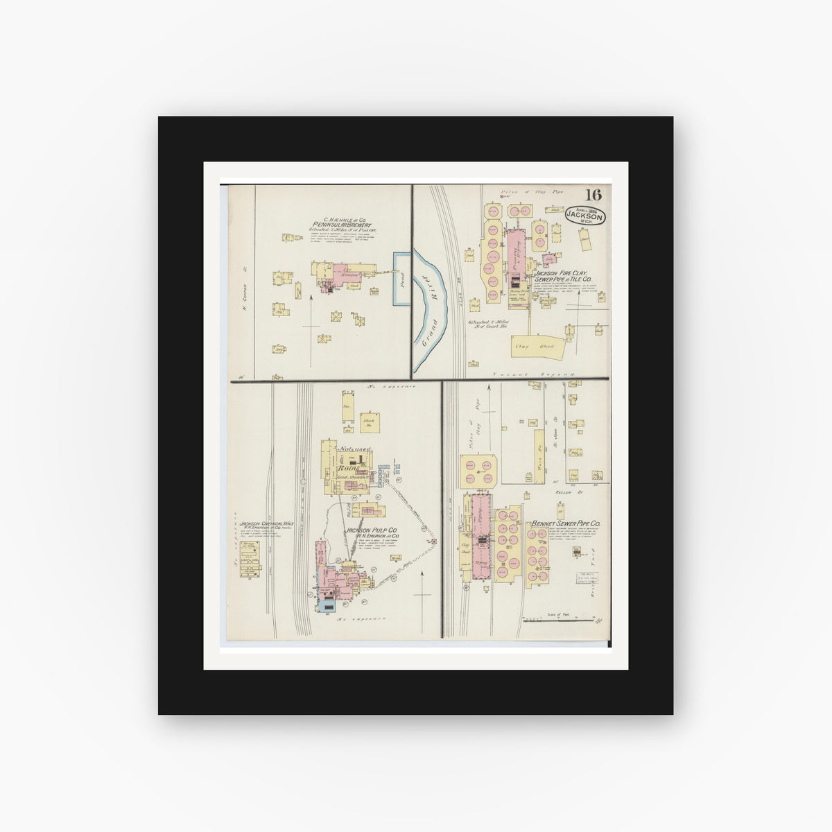 Old map wall art mockup — black gallery frame with white mat — Sanborn Fire Insurance Map from Jackson, Jackson County, Michigan (1886), Sheet #0016