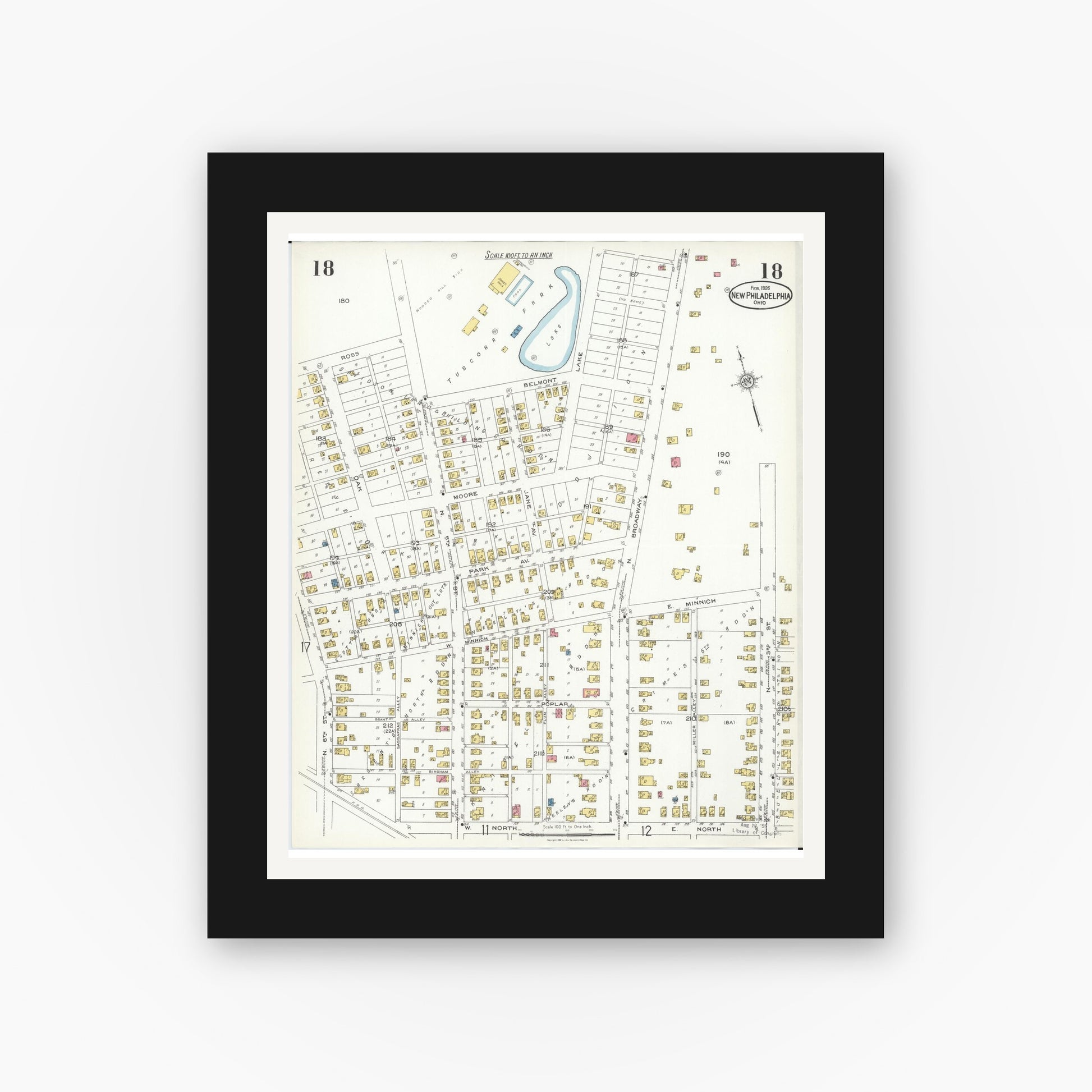 Old map wall art mockup — black gallery frame with white mat — Sanborn Fire Insurance Map from New Philadelphia, Tuscarawas County, Ohio (1926), Sheet #0018