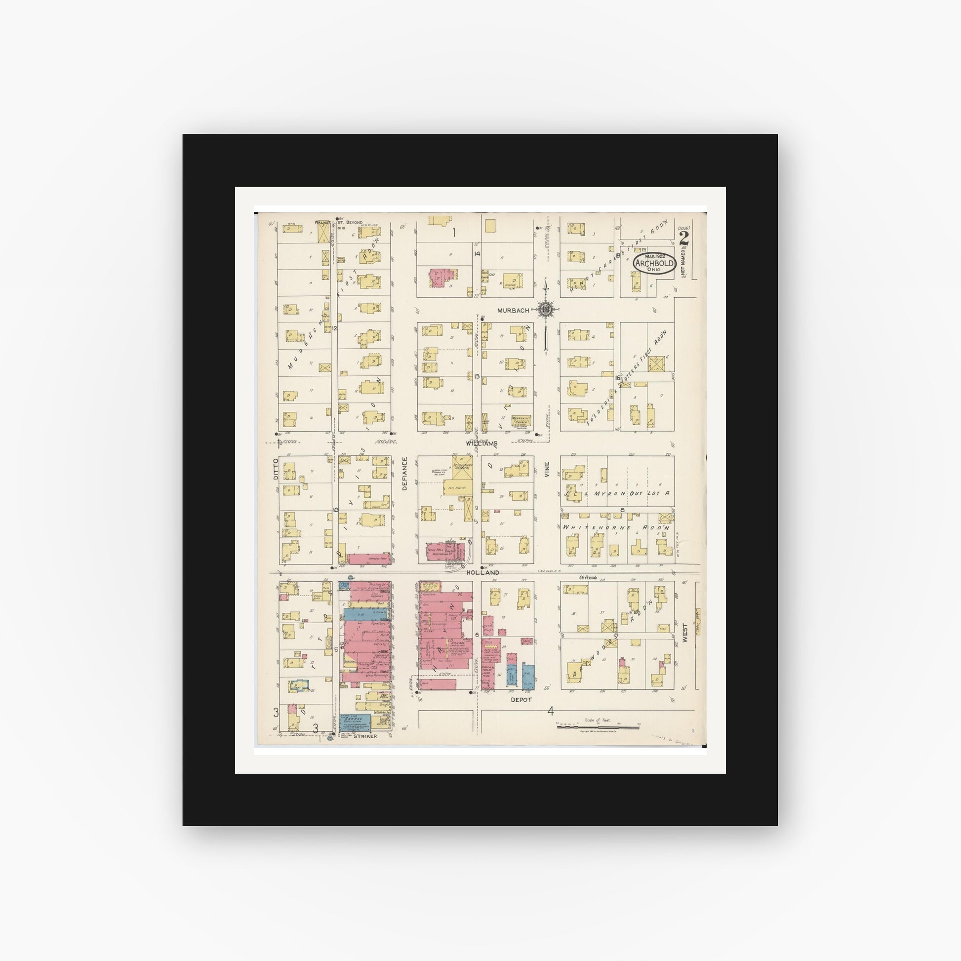 Old map wall art mockup — black gallery frame with white mat — Sanborn Fire Insurance Map from Archbold, Fulton County, Ohio (1922), Sheet #0002