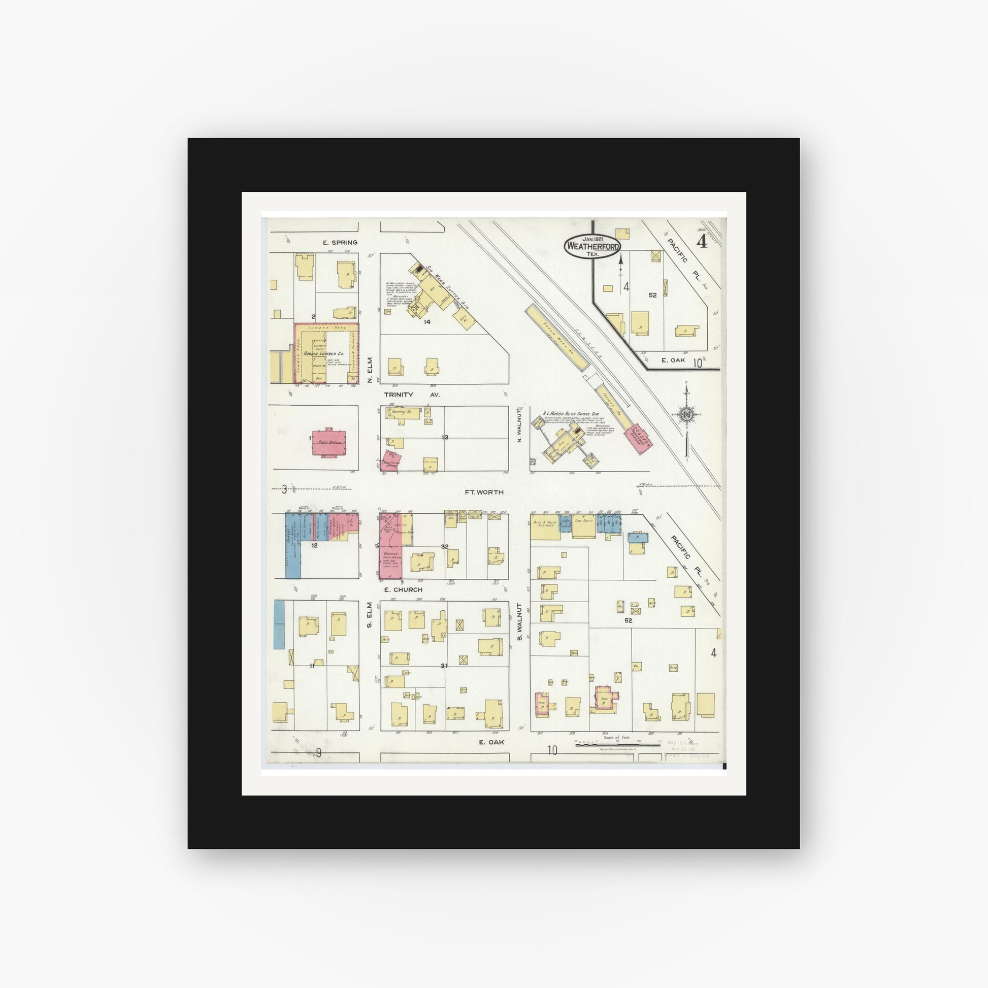Old map wall art mockup — black gallery frame with white mat — Sanborn Fire Insurance Map from Weatherford, Parker County, Texas (1921), Sheet #0004