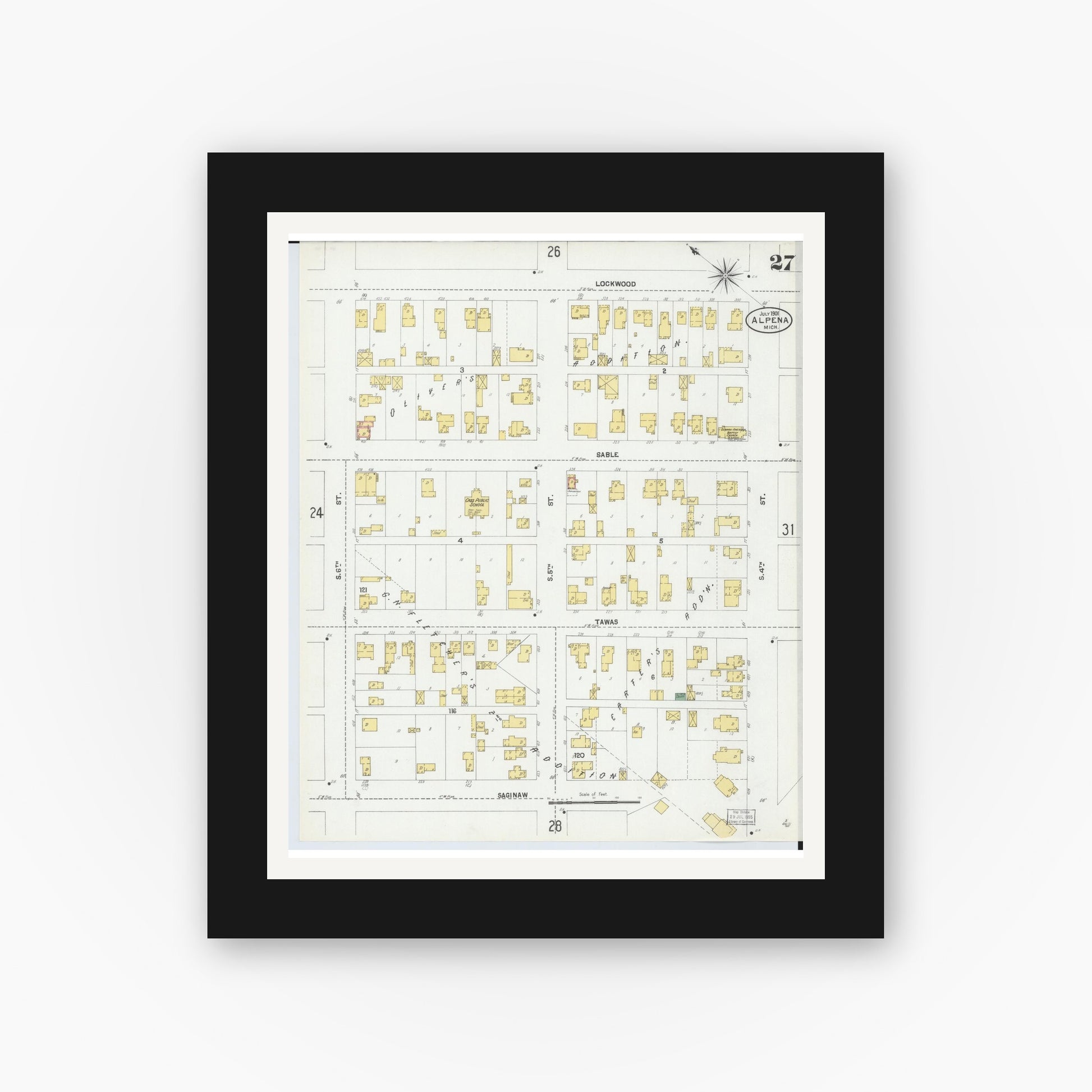 Old map wall art mockup — black gallery frame with white mat — Sanborn Fire Insurance Map from Alpena, Alpena County, Michigan (1901), Sheet #0027