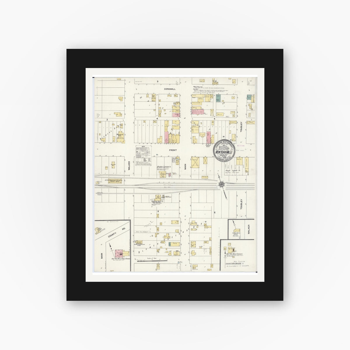 Old map wall art mockup — black gallery frame with white mat — Sanborn Fire Insurance Map from New York Mills, Otter Tail County, Minnesota (1909), Sheet #0001