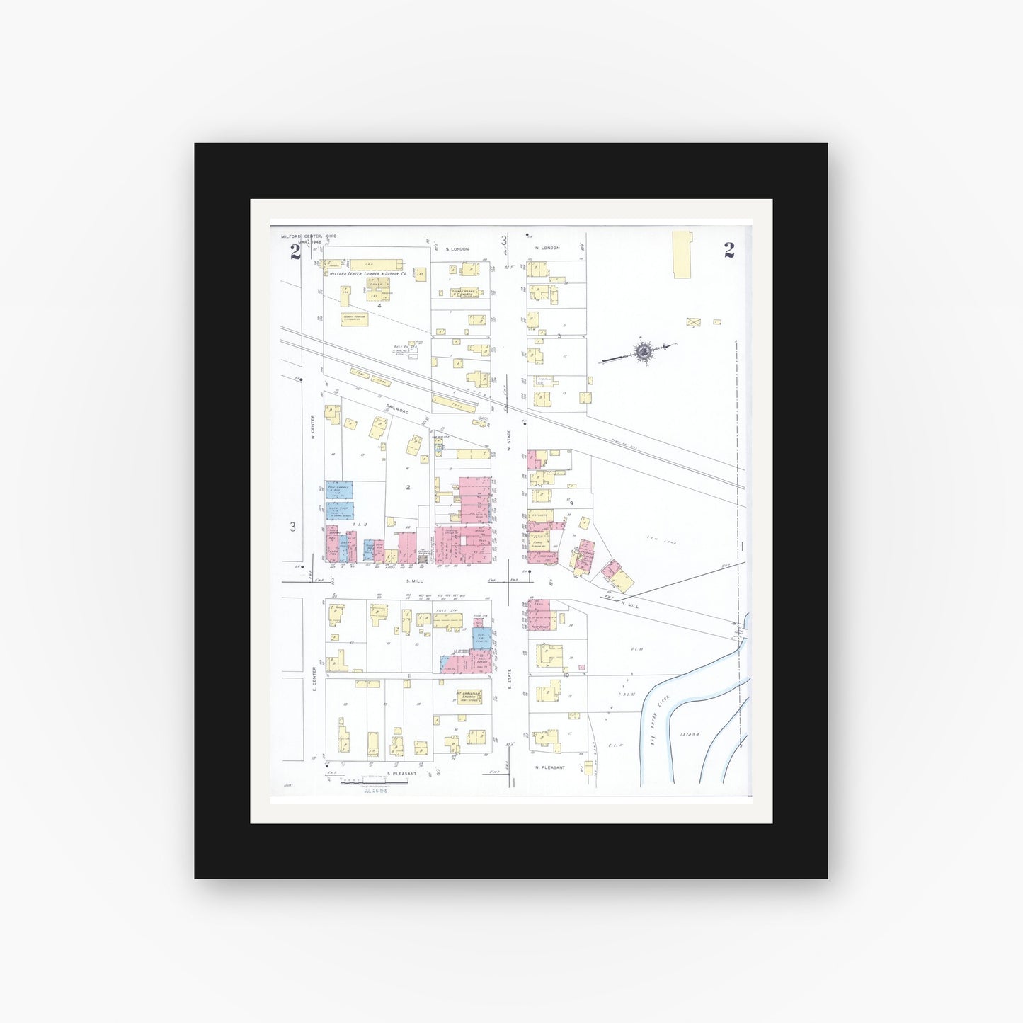 Old map wall art mockup — black gallery frame with white mat — Sanborn Fire Insurance Map from Milford Center, Union County, Ohio (1946), Sheet #0002