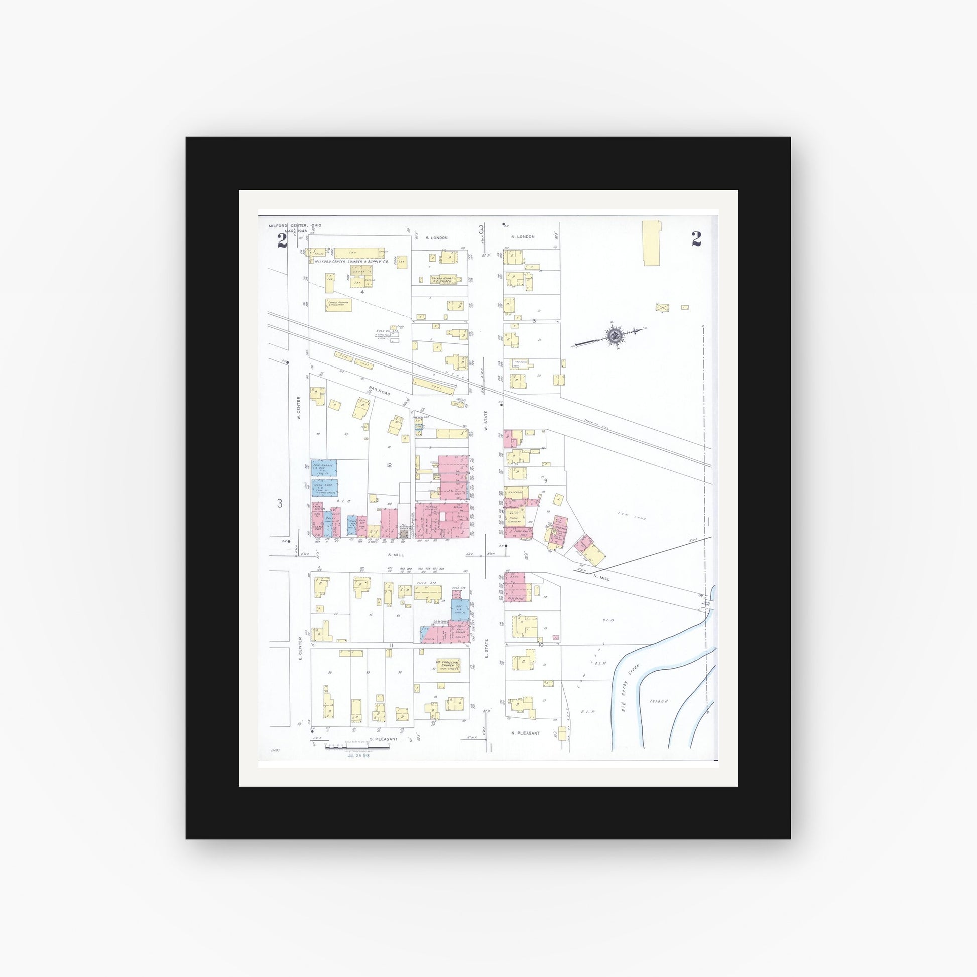 Old map wall art mockup — black gallery frame with white mat — Sanborn Fire Insurance Map from Milford Center, Union County, Ohio (1946), Sheet #0002