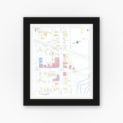 Old map wall art mockup — black gallery frame with white mat — Sanborn Fire Insurance Map from Milford Center, Union County, Ohio (1946), Sheet #0002