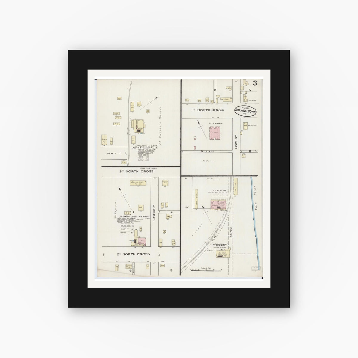 Old map wall art mockup — black gallery frame with white mat — Sanborn Fire Insurance Map from Shawneetown, Gallatin County, Illinois (1885), Sheet #0003