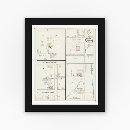 Old map wall art mockup — black gallery frame with white mat — Sanborn Fire Insurance Map from Shawneetown, Gallatin County, Illinois (1885), Sheet #0003