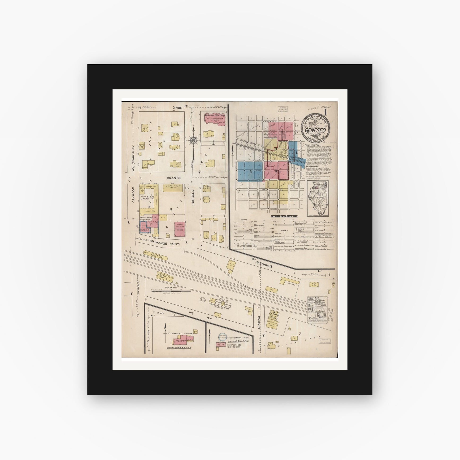 Old map wall art mockup — black gallery frame with white mat — Sanborn Fire Insurance Map from Geneseo, Henry County, Illinois (1922), Sheet #0001