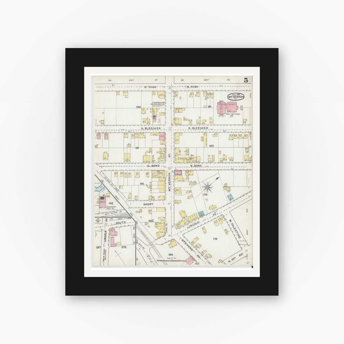 Old map wall art mockup — black gallery frame with white mat — Sanborn Fire Insurance Map from Mount Vernon, Westchester County, New York (1892), Sheet #0005