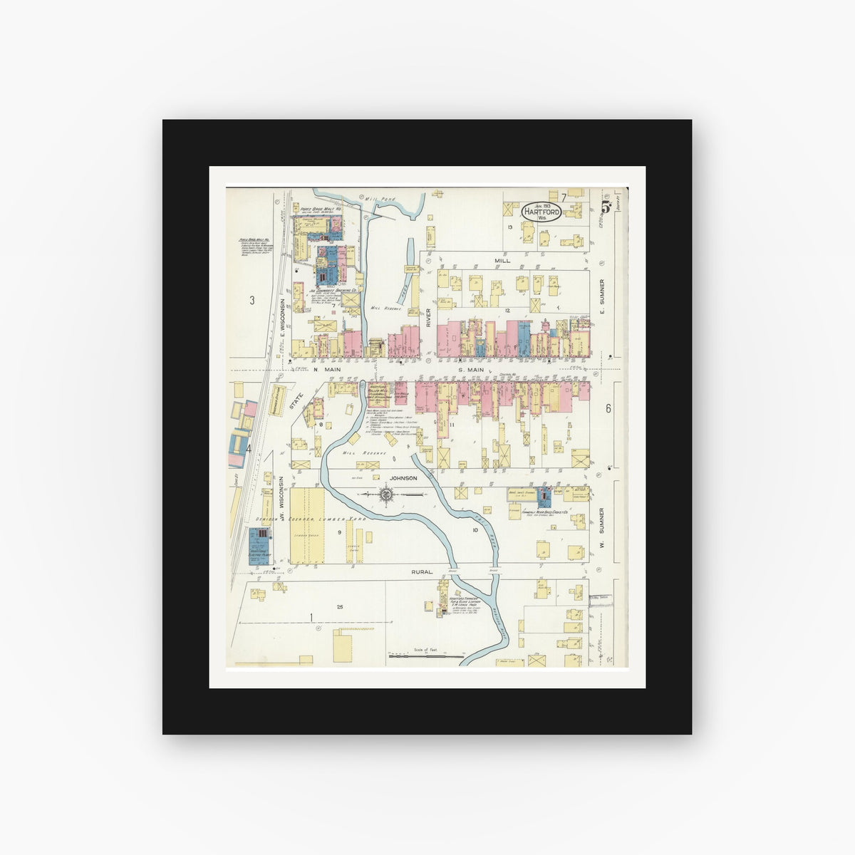Old map wall art mockup — black gallery frame with white mat — Sanborn Fire Insurance Map from Hartford, Washington County, Wisconsin (1913), Sheet #0005