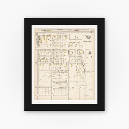 Old map wall art mockup — black gallery frame with white mat — Sanborn Fire Insurance Map from Cuero, De Witt County, Texas (1922), Sheet #0011