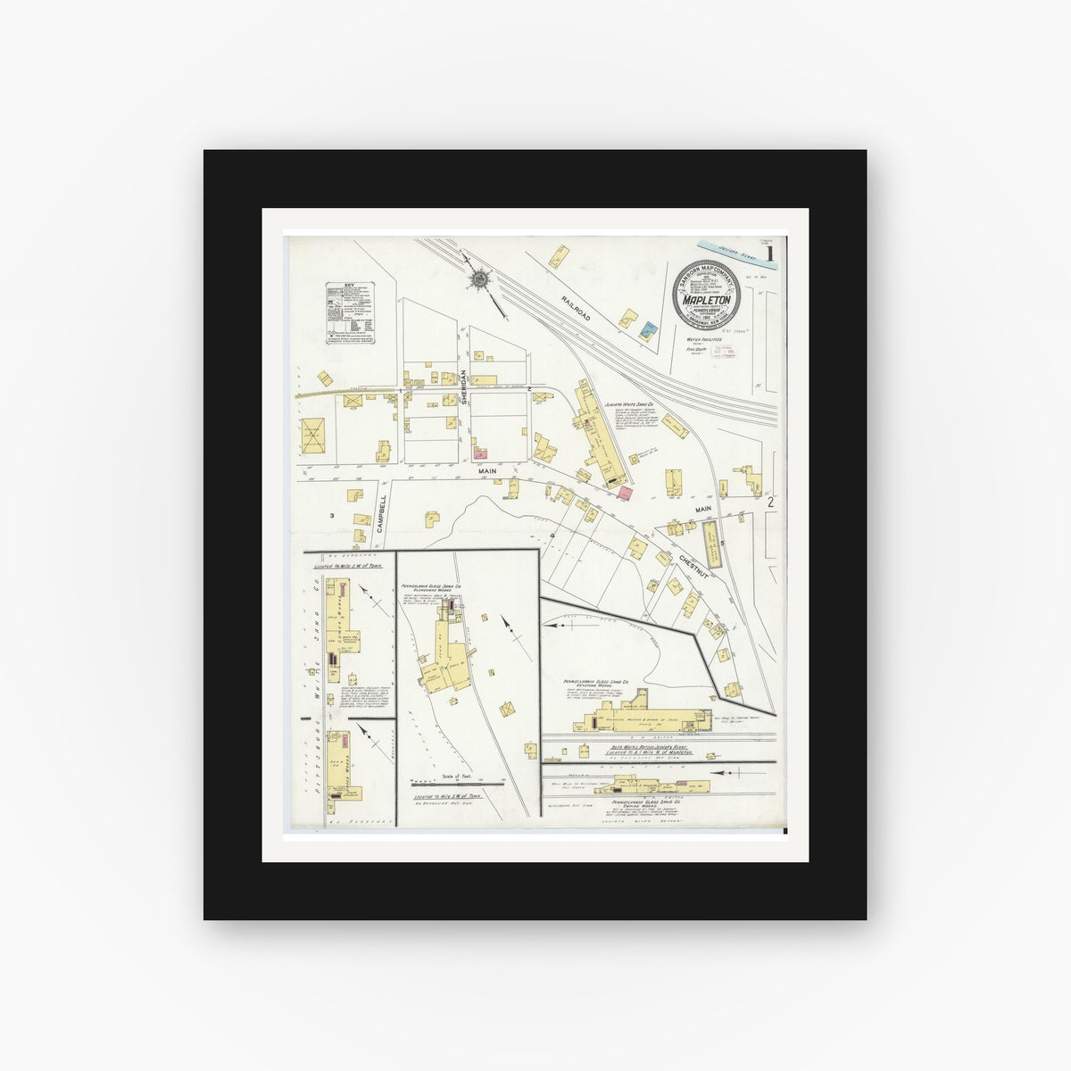Old map wall art mockup — black gallery frame with white mat — Sanborn Fire Insurance Map from Mapleton, Huntingdon County, Pennsylvania (1911) - Complete Map Set