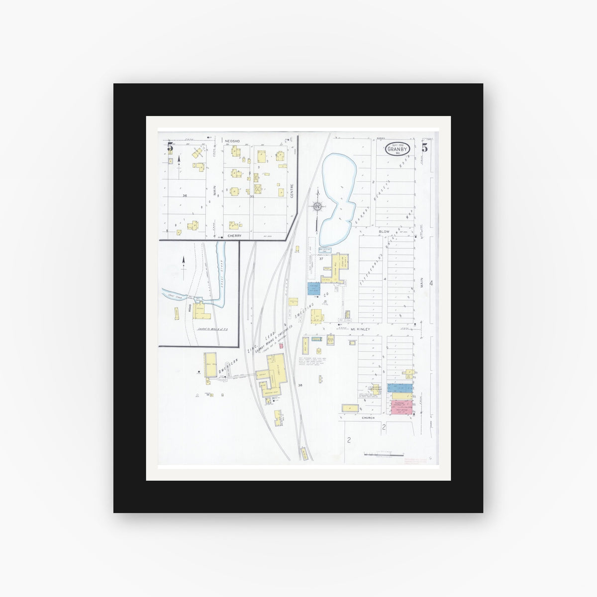Old map wall art mockup — black gallery frame with white mat — Sanborn Fire Insurance Map from Granby, Newton County, Missouri (1930), Sheet #0005