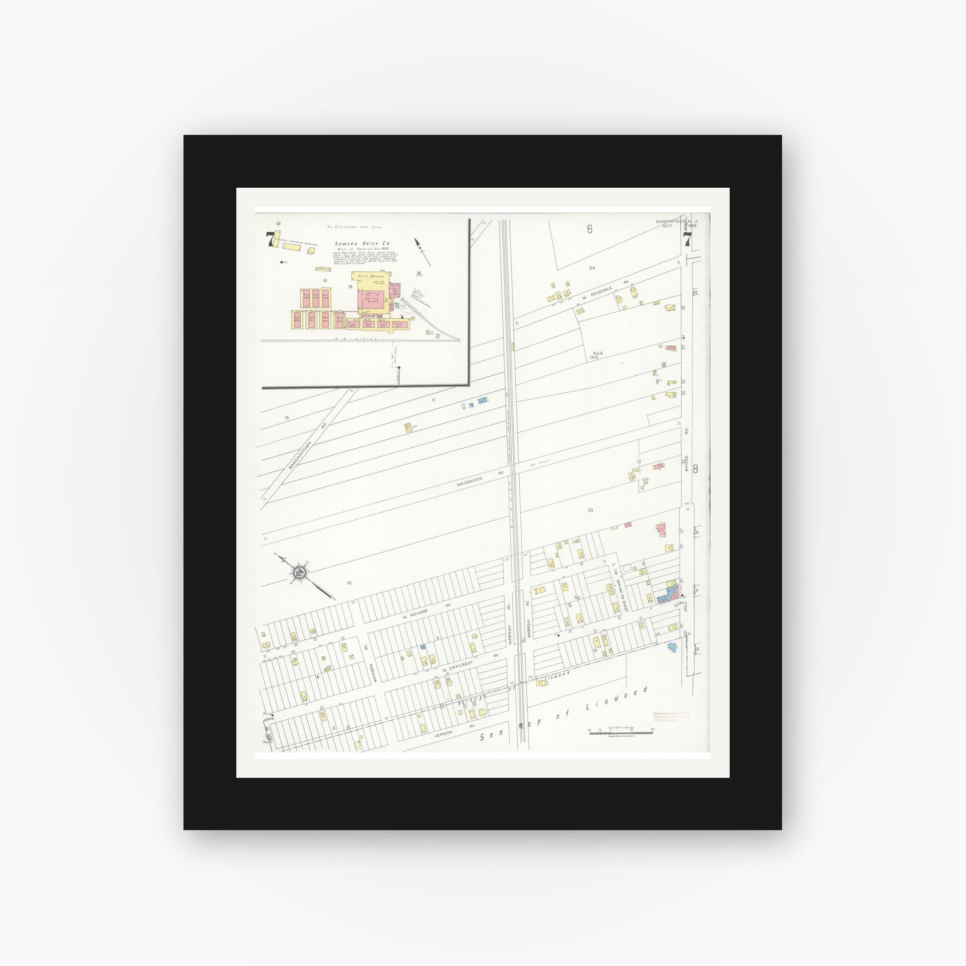 Old map wall art mockup — black gallery frame with white mat — Sanborn Fire Insurance Map from Northfield, Atlantic County, New Jersey (1933), Sheet #0007