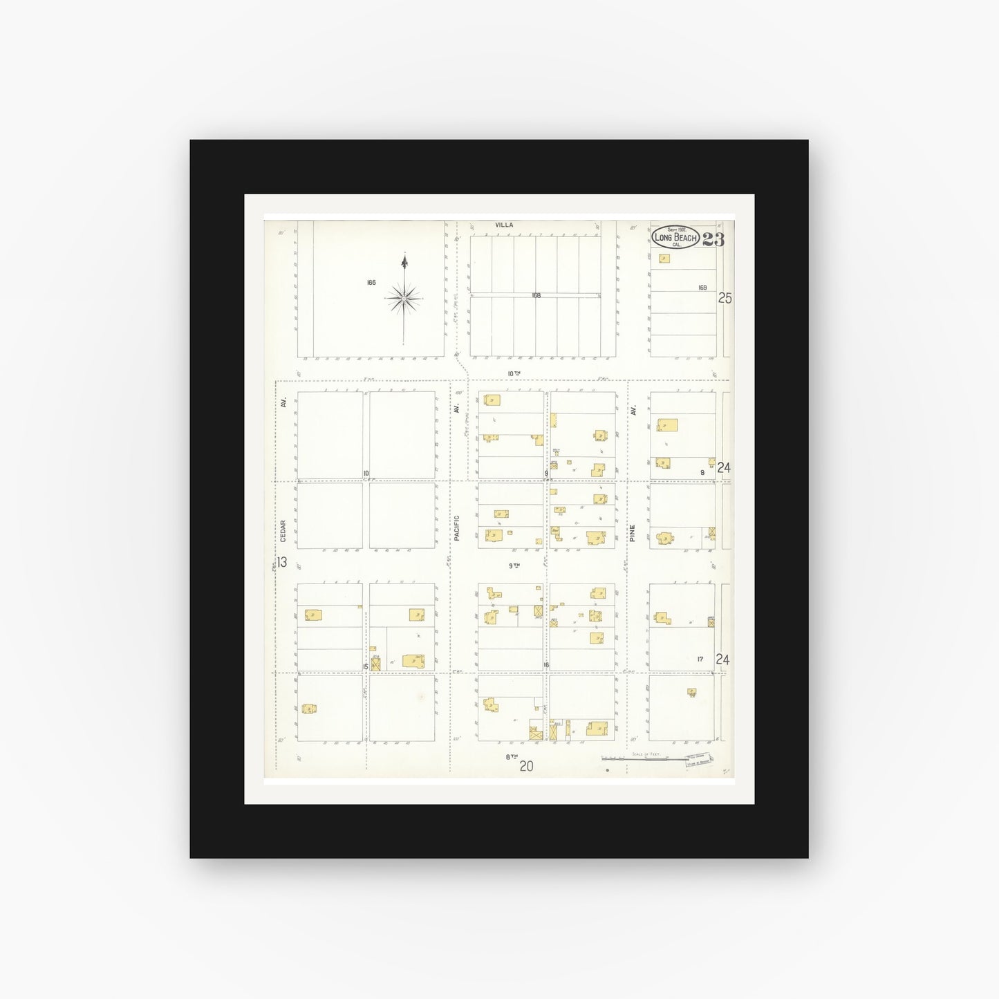 Old map wall art mockup — black gallery frame with white mat — Sanborn Fire Insurance Map from Long Beach, Los Angeles County, California (1902), Sheet #0023