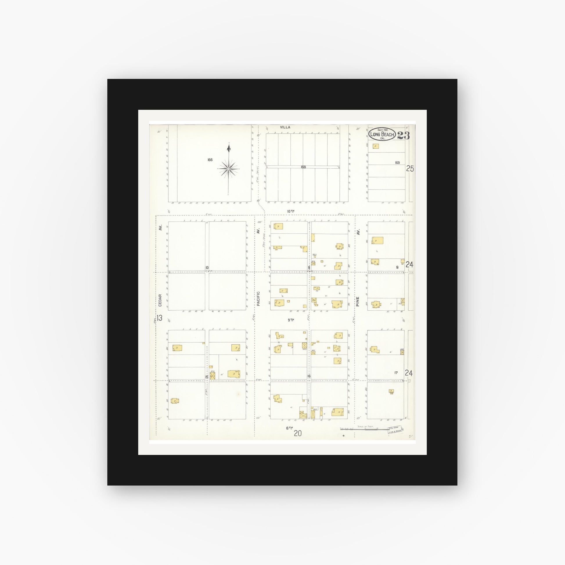 Old map wall art mockup — black gallery frame with white mat — Sanborn Fire Insurance Map from Long Beach, Los Angeles County, California (1902), Sheet #0023