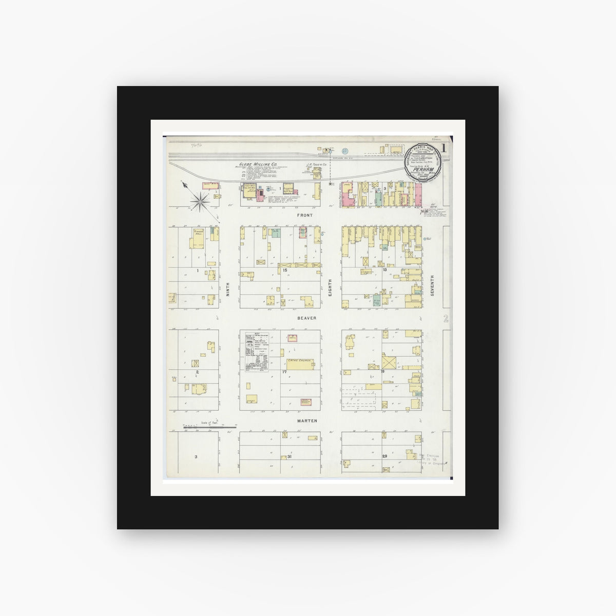 Old map wall art mockup — black gallery frame with white mat — Sanborn Fire Insurance Map from Perham, Otter Tail County, Minnesota (1895), Sheet #0001